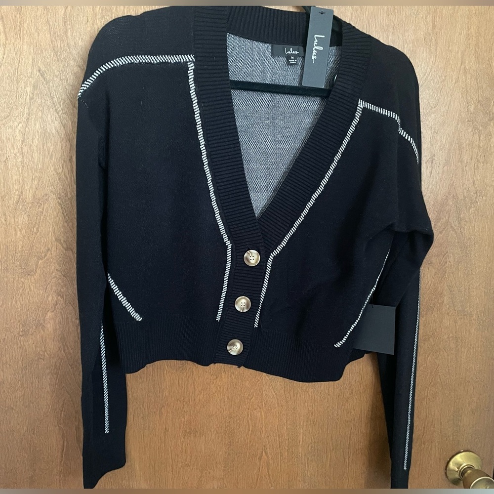 Lulu's Black and White Buttoned Cardigan and Skirt Set